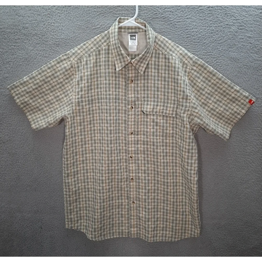 The North Face Shirt Adult Large Tan Green Plaid Outdoors Camping Hiking Fishing